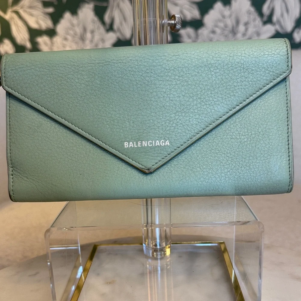 Balenciaga Authentic Mint Green Leather Envelope Wallet